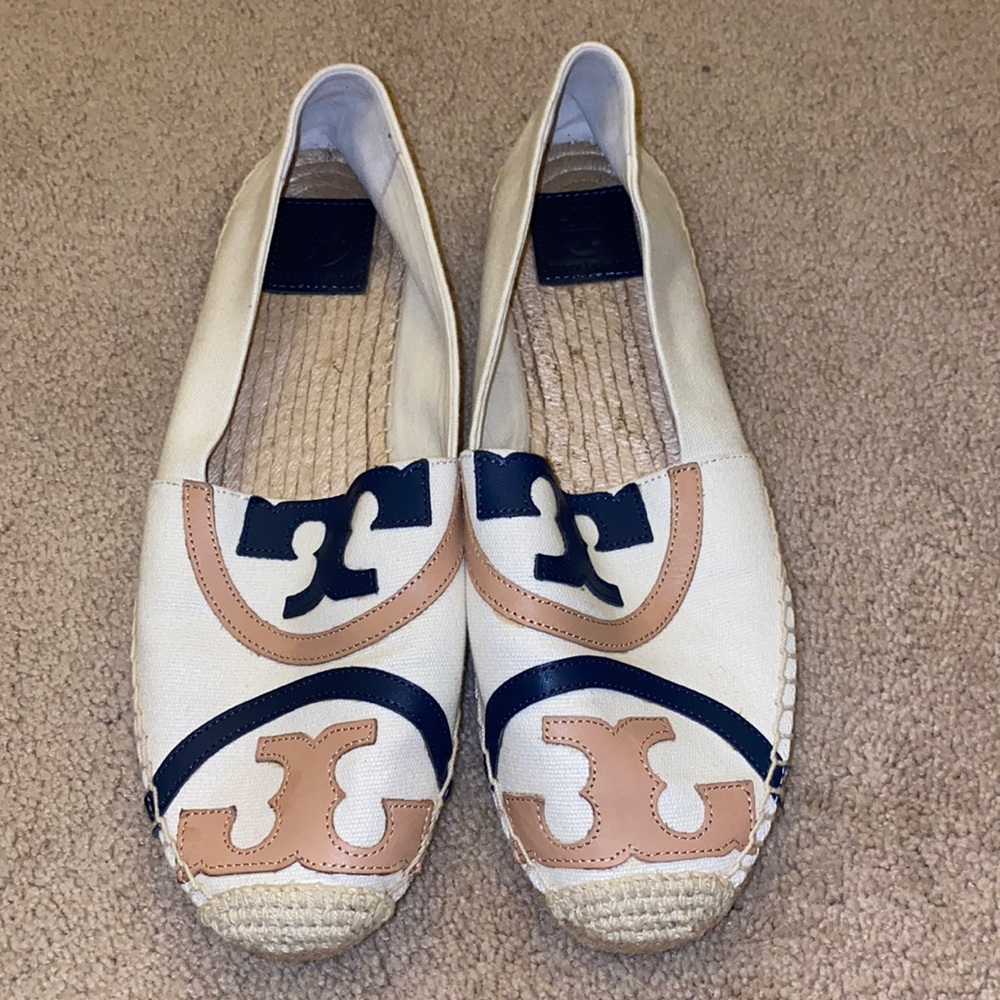 Women’s size 11 Tory Burch cream and light brown/ navy espadrille slides